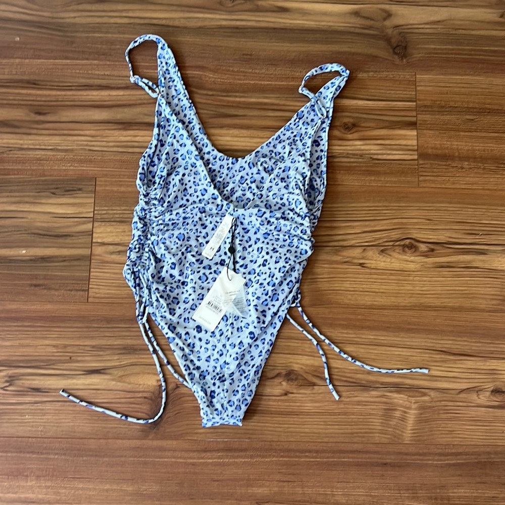Blue Leopard Print One-Piece Swimsuit with Side Drawstrings - Picture 2 of 6